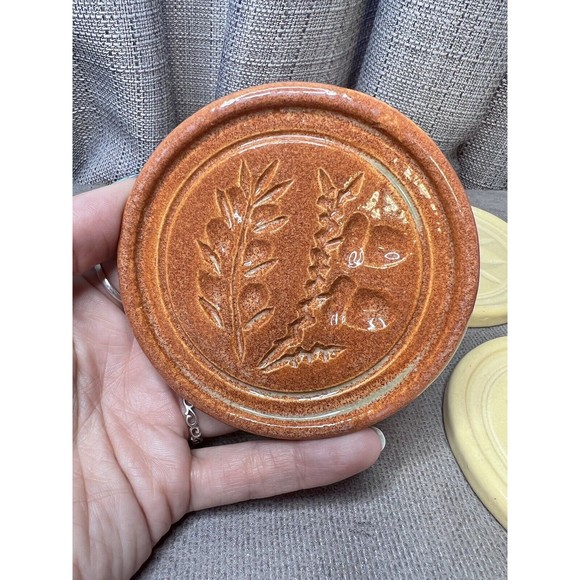 PIGEON FORGE POTTERY Buttermold Print Round Coasters Fall Harvest Brown Biege - Picture 4 of 13